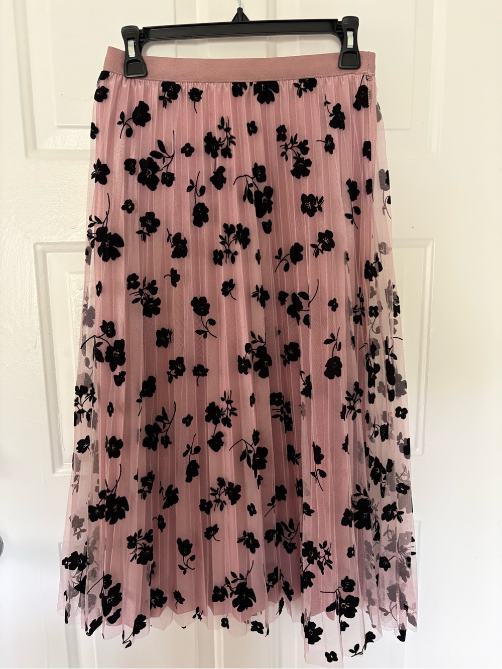 New Mix Blush Pink Midi Skirt with Black Floral Flock